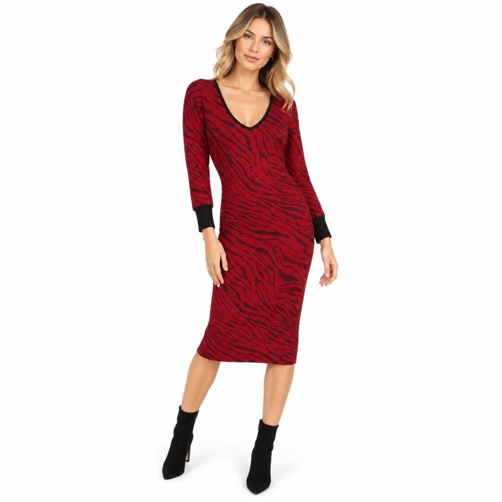 Rachel Roy Bernadette Sweater Dress XS Red Black Tiger Animal Print Knit NWT